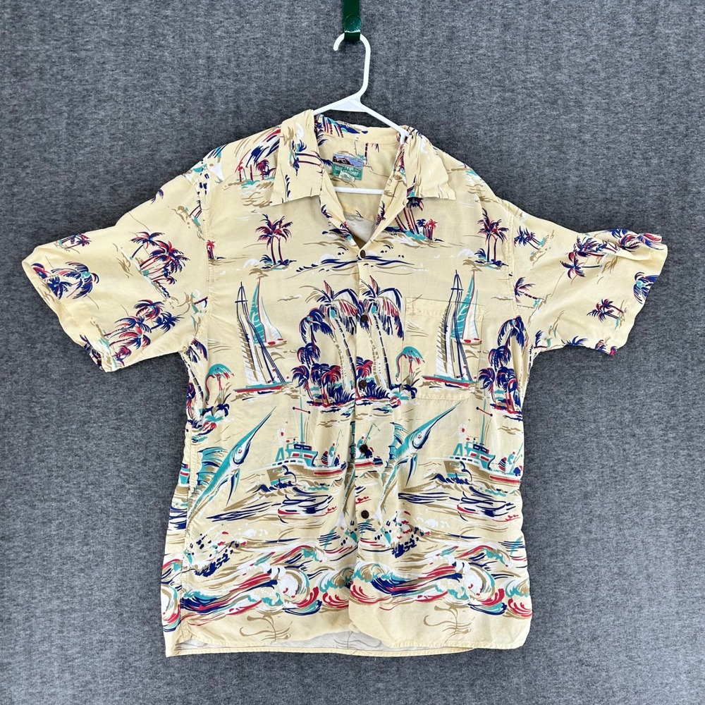 VTG Reyn Spooner Mens XL Yellow Tropical Sailboat Marlin Rayon Hawaiian Shirt